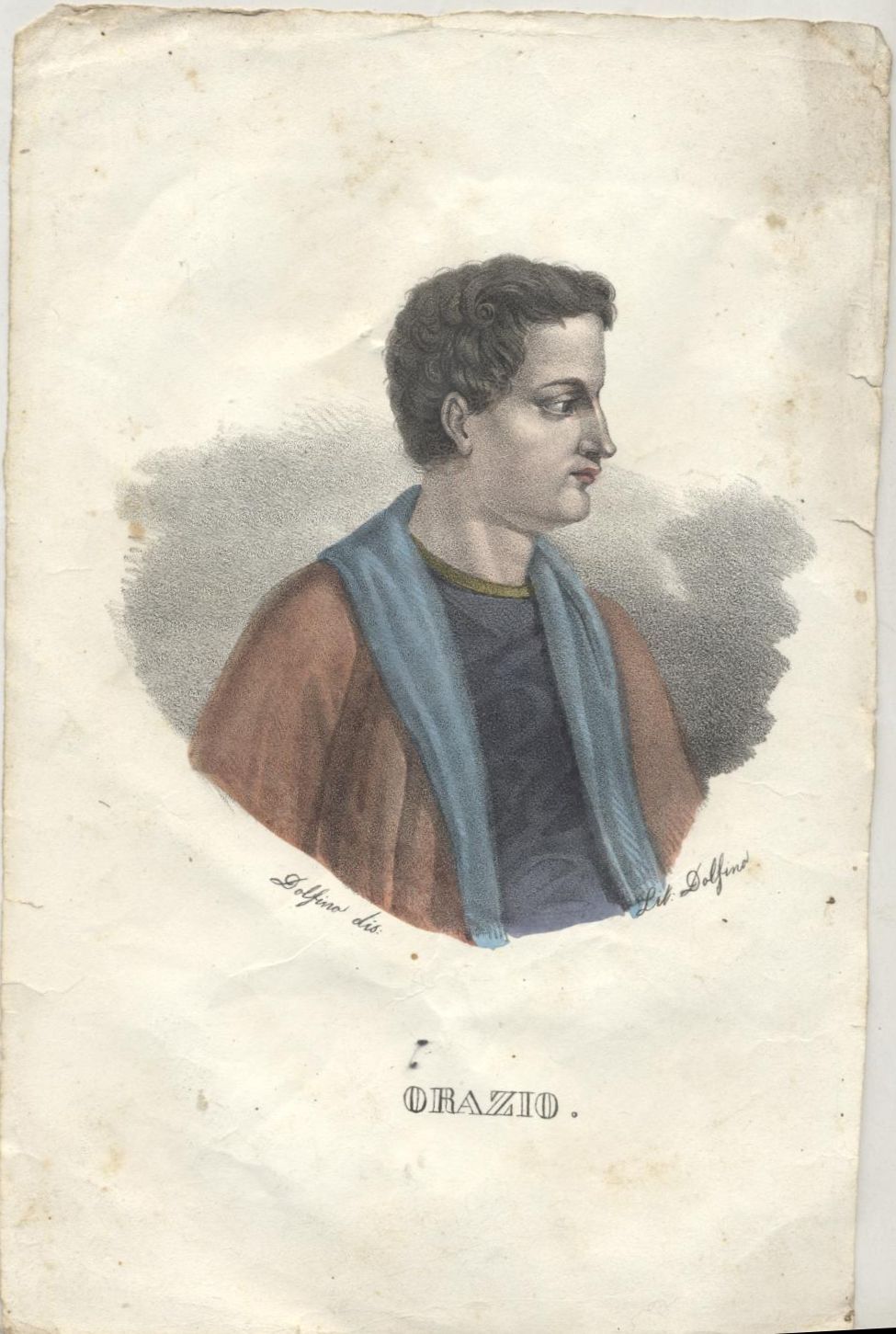 ORAZIO litografia antica DOLFINO acquerellata metà 800 ORIGINALE stampa incision