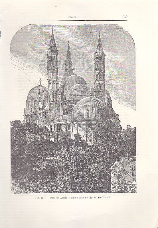 PADOVA ABSIDE E CUPOLE DELLA BASILICA DI SANT'ANTONIO incisione originale …