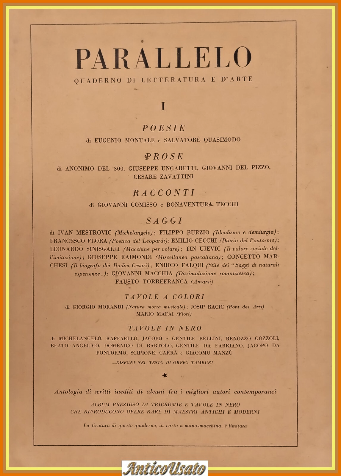 PARALLELO QUADERNO DI LETTERATURA E ARTE 1943 numero 1 Rivista …