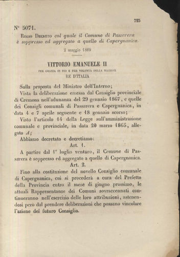 PASSARERA CAPERGNANICA REGIO DECRETO 1869 CREMONA originale antico vintage
