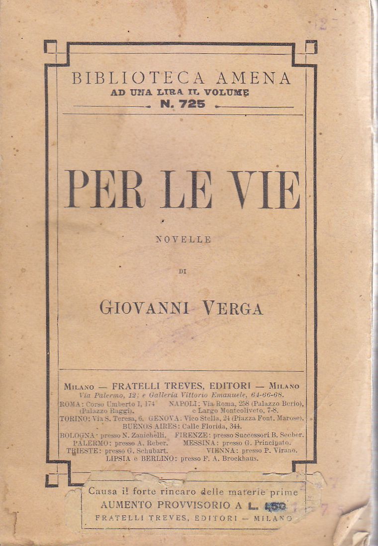 PER LE VIE novelle di Giovanni Verga 1914 Fratelli Treves …