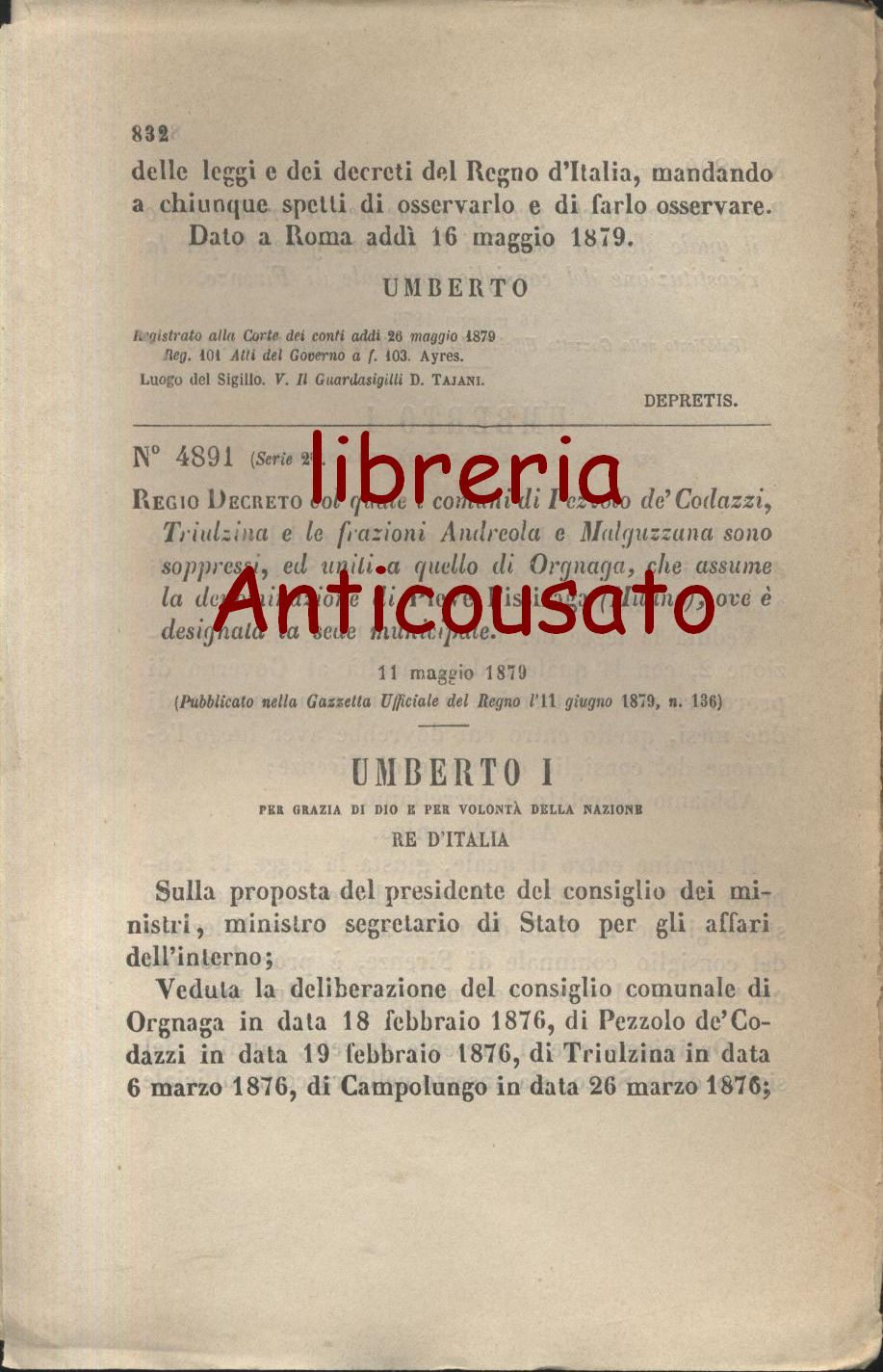 PEZZOLO DE CODAZZI TRIULZINA REGIO DECRETO 1879 PIEVE FISSIRAGA ANDREOLA …