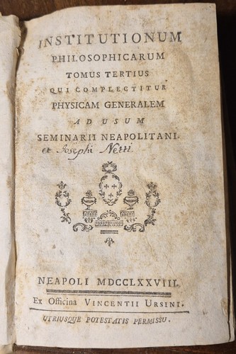 PHYSICAM GENERALEM tomo terzo di INSTITUTIONUM PHILOSOPHICARUM 1778 libro fisica