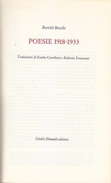 POESIE 1918 1933 di Bertolt Brecht 1968 Giulio Einaudi Editore …