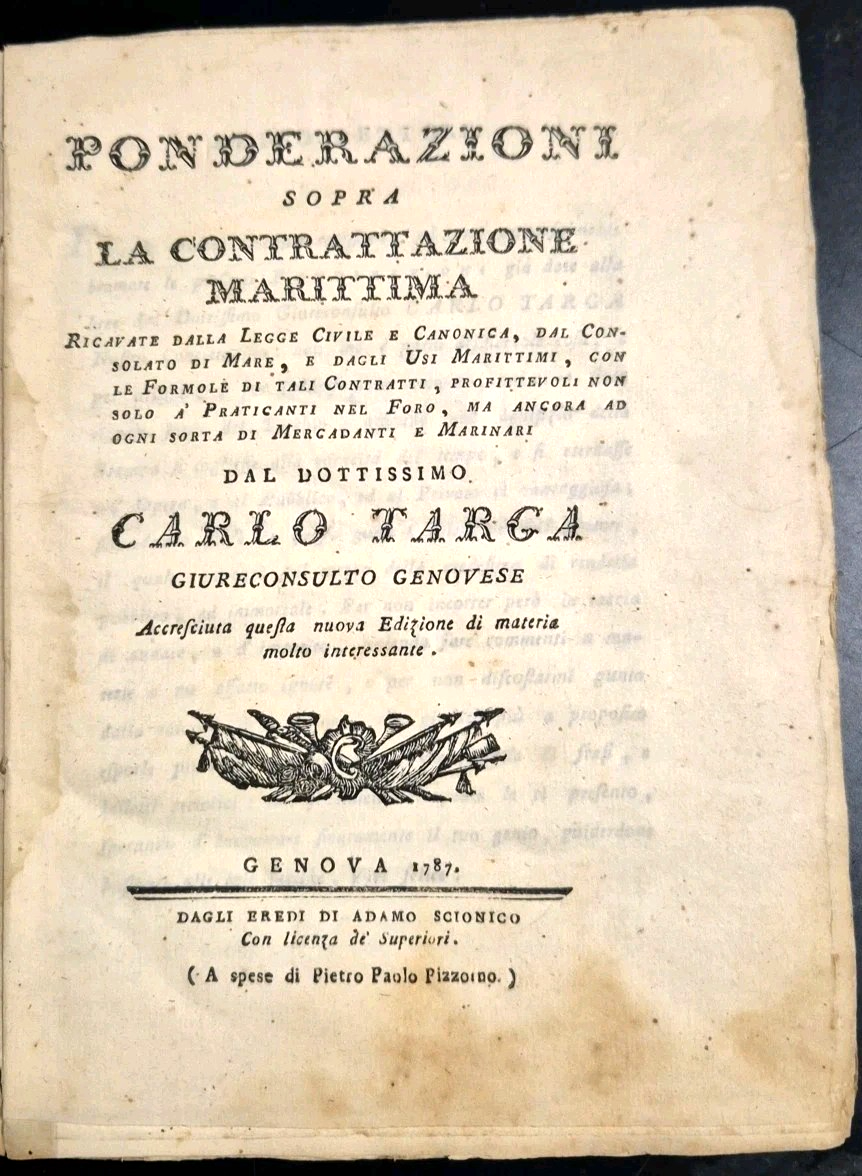 PONDERAZIONI SOPRA LA CONTRATTAZIONE MARITTIMA di Carlo Targa 1787 Libro …