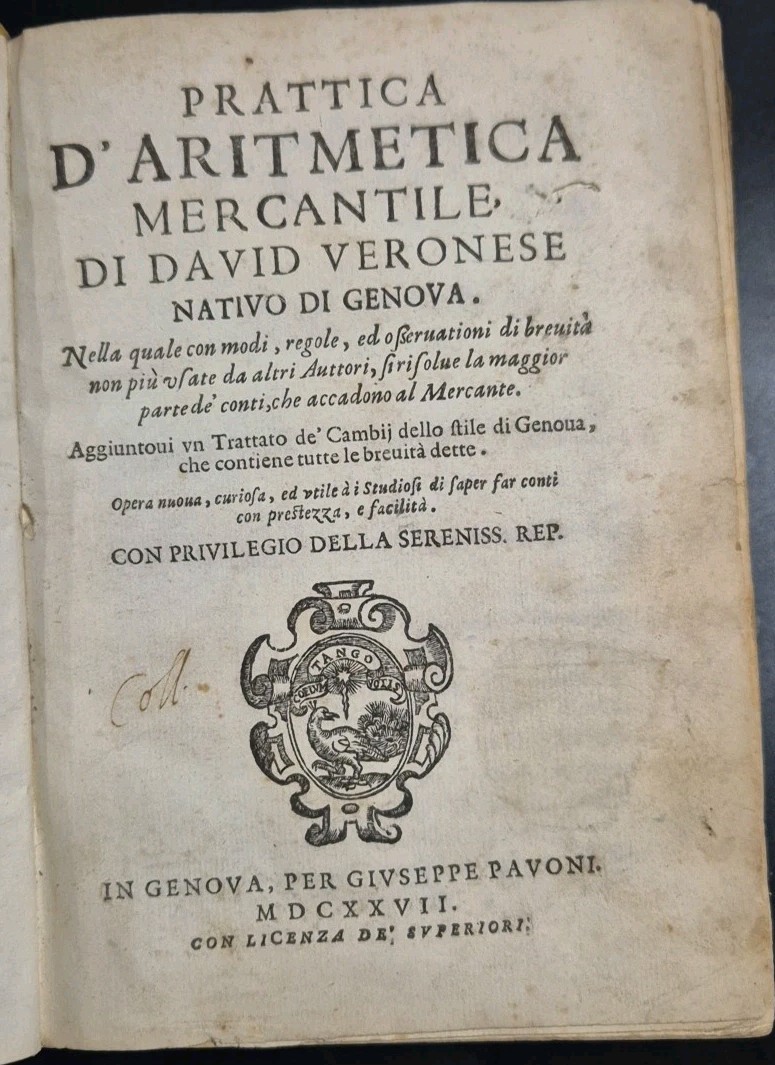 PRATTICA D'ARITMETICA MERCANTILE di David Veronese 1627 Pavoni Libro antico