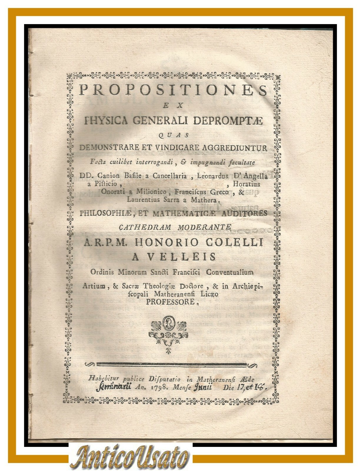 PROPOSITIONES EX PHYSICA GENERALI 1798 Matera libro opuscolo antico Vallata