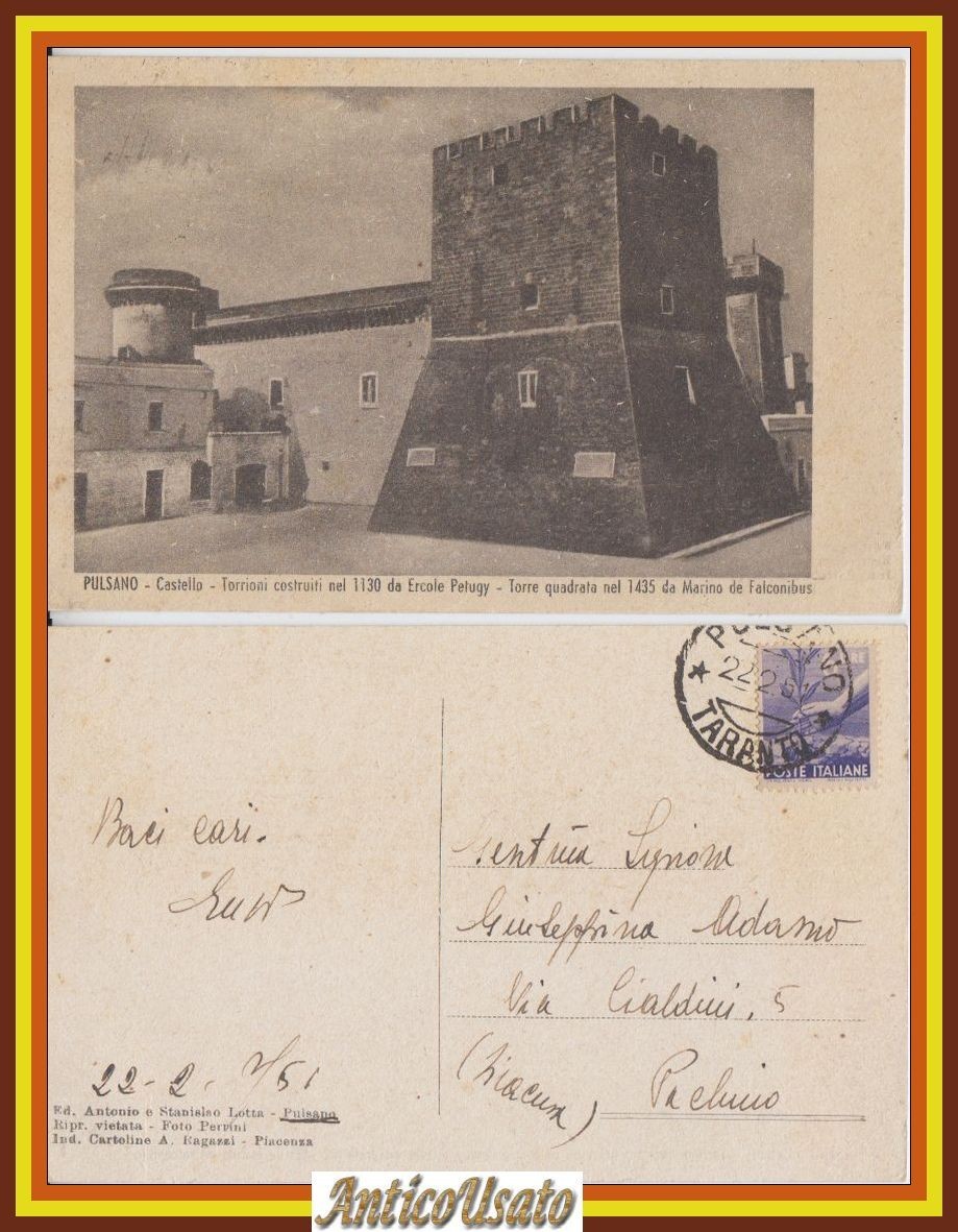 PULSANO CASTELLO Torrioni Torre Quadrata Cartolina Viaggiata 1951 Taranto