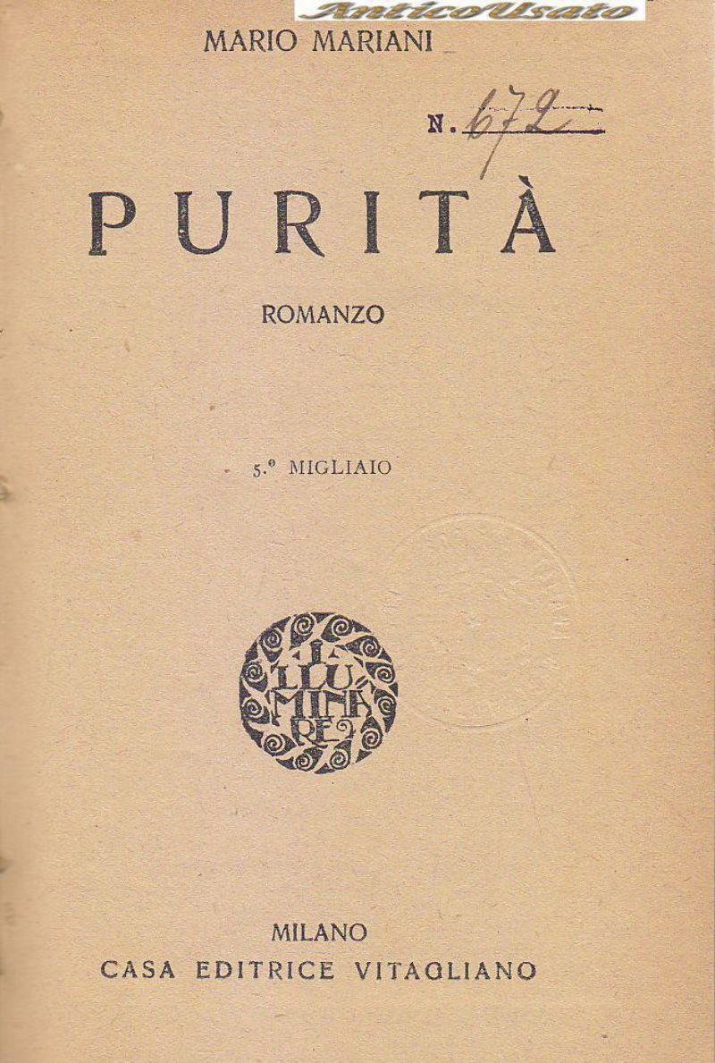 PURITÀ romanzo di Mario Mariani 1923 Casa Editrice Vitagliano libro …