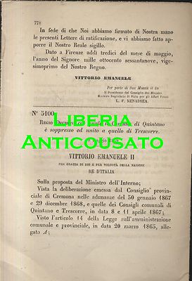 QUINTANO SOPPRESSO UNITO TRESCORRE Regio Decreto 1869 Originale d'epoca Antico