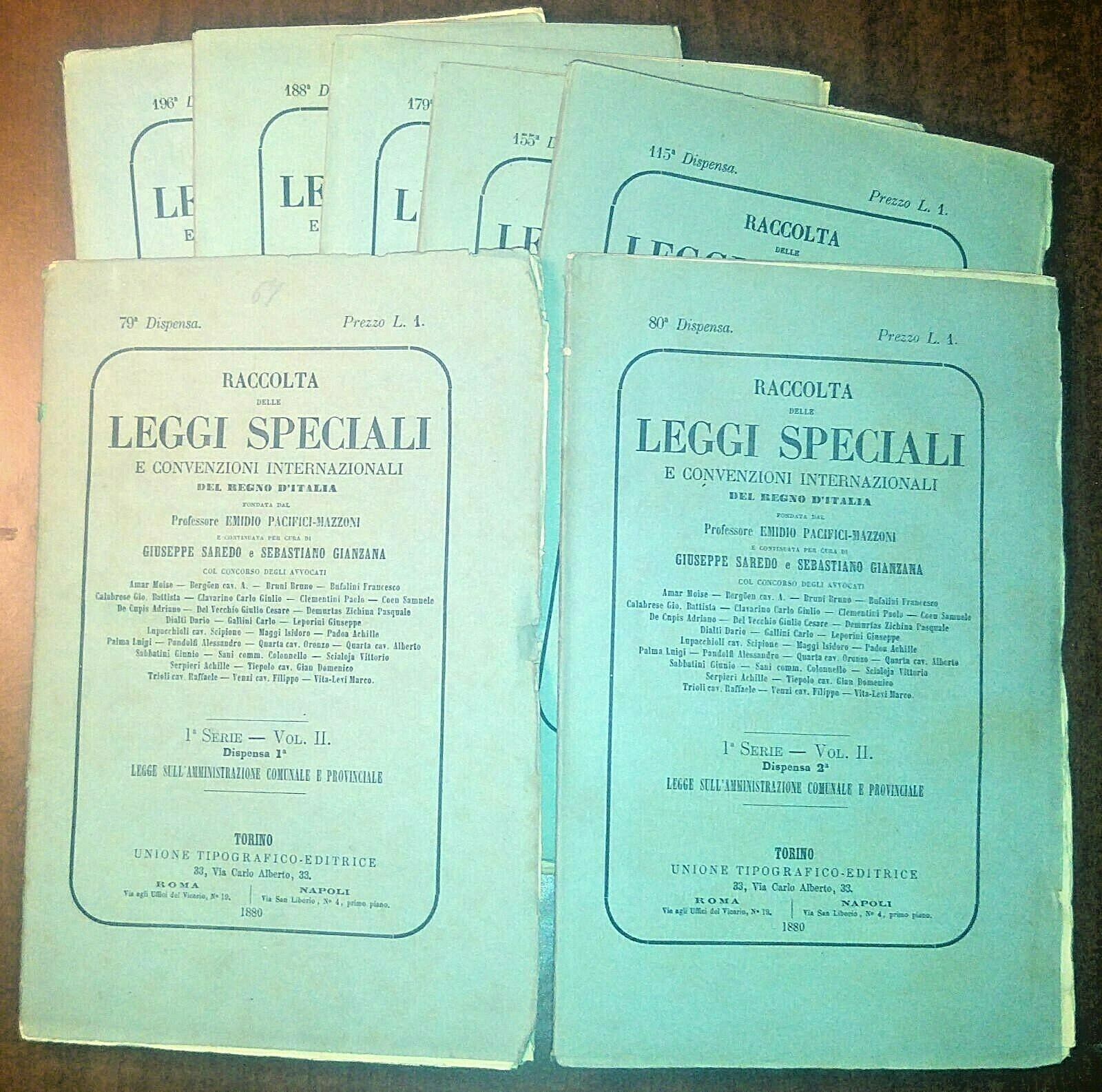 RACCOLTA DELLE LEGGI SPECIALI E CONVENZIONI INTERNAZIONALI 7 fascicoli 1880