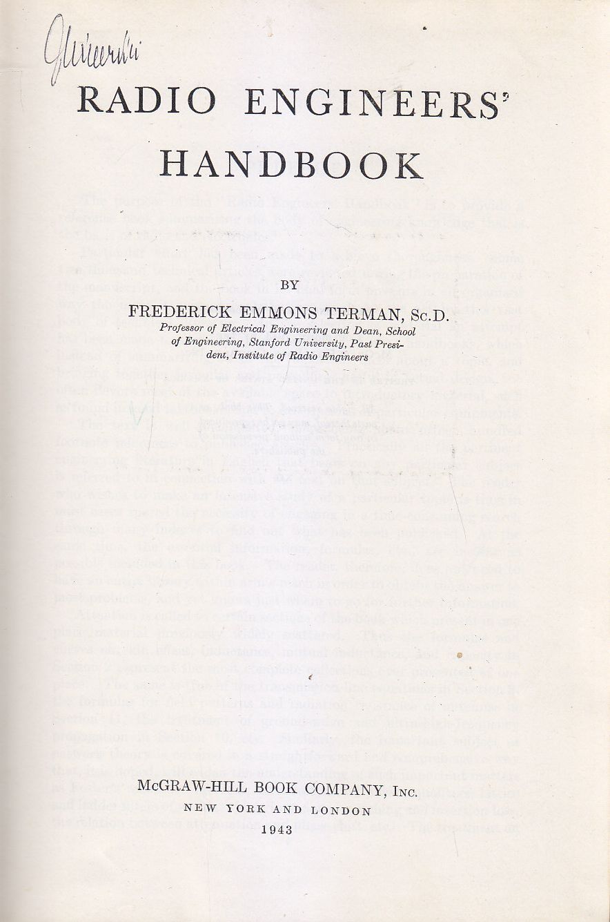 RADIO ENGINEERS HANDBOOK di Frederick Emmons Terman 1943 McGraw Hill …