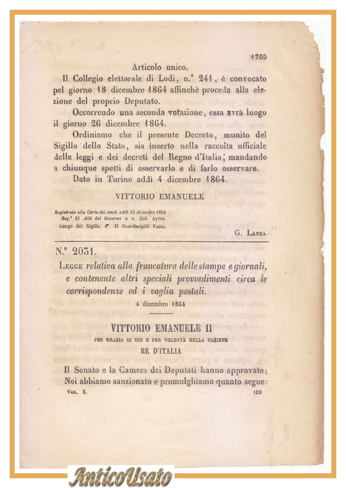 REGIO DECRETO 1864 Affrancatura stampe giornali corrispondenze vaglia postali