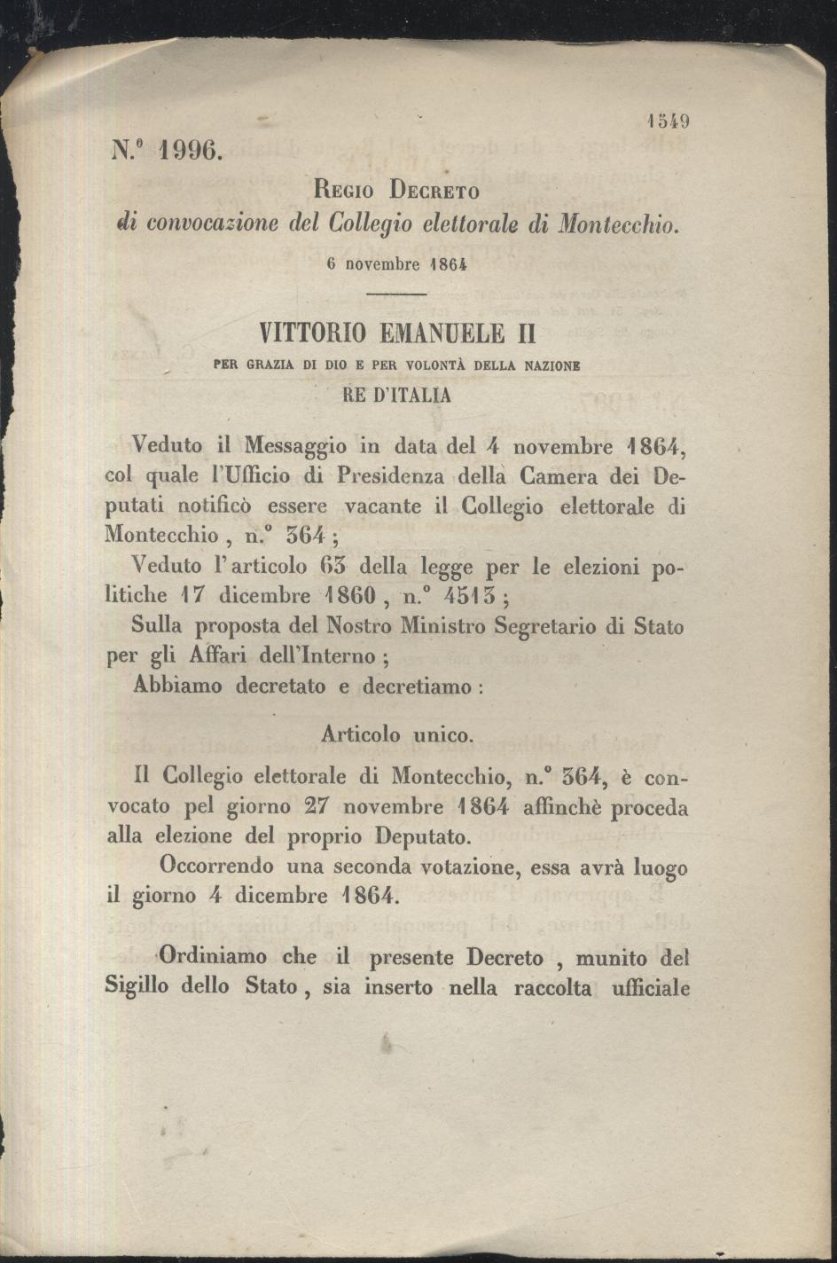 Regio Decreto 1864 CONVOCAZIONE DEL COLLEGIO ELETTORALE DI MONTECCHIO Originale