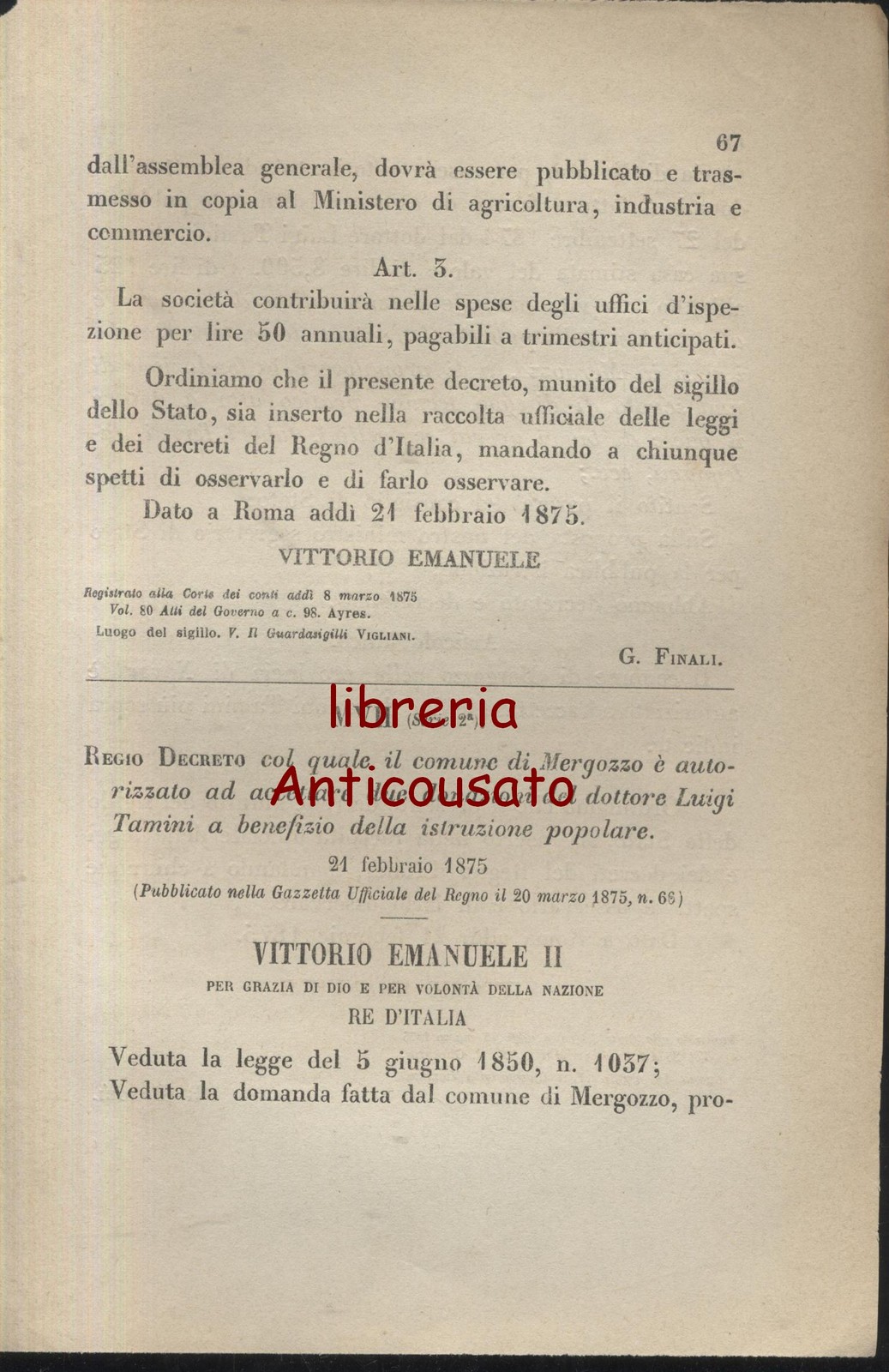 Regio Decreto 1875 COMUNE MERGOZZO Accetta Donazioni LUIGI TAMINI Antico …