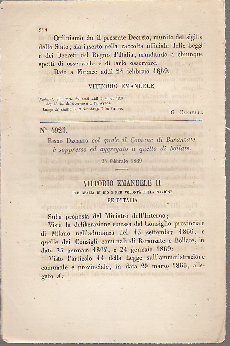 REGIO DECRETO BARANZATE OLONA SOPPRESSO AGGREGATO BOLLATE 1869 antico originale