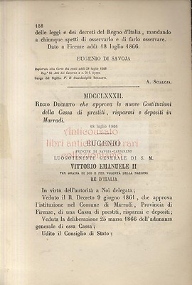 REGIO DECRETO cassa di prestiti risparmi depositi MARRADI 1866 Antico …