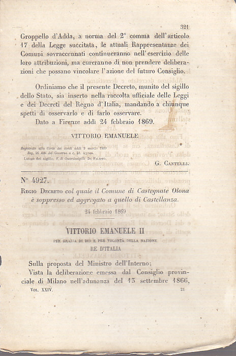 REGIO DECRETO CASTEGNATE OLONA SOPPRESSO AGGREGATO CASTELLANZA - 1869 Originale