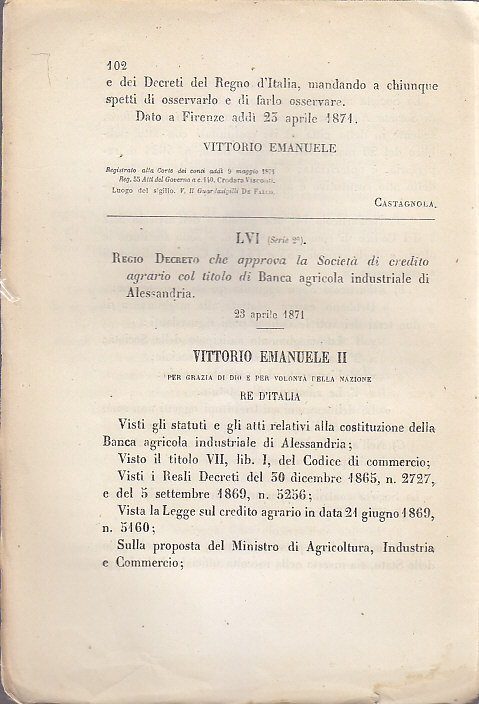 REGIO DECRETO CHE APPROVA SOCIETA' BANCA AGRICOLA INDUSTRIALE ALESSANDRIA 1871