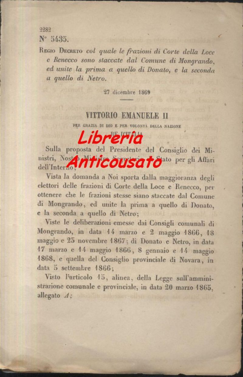 REGIO DECRETO CORTE DELLA LOCE RENECCO MANGRANDO DONADO NETRO 1869 …