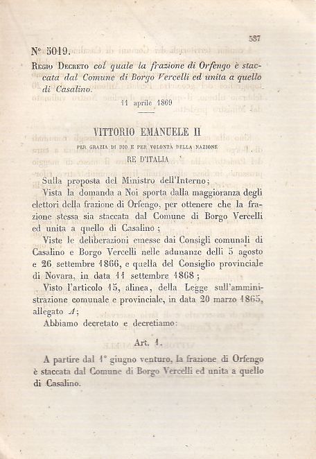 Regio Decreto Frazione di ORFENGO CASALINO BORGO VERCELLI 1869 Originale …