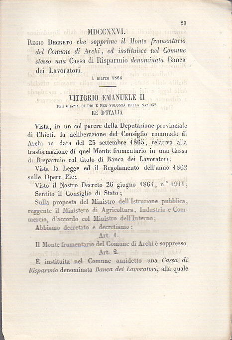 REGIO DECRETO MONTE FRUMENTARIO ARCHI BANCA DEI LAVORATORI 1866 Antico …