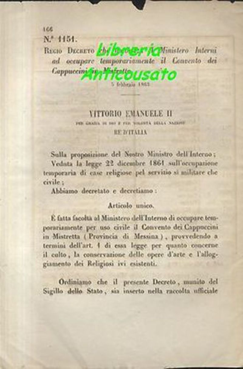 REGIO DECRETO OCCUPAZIONE CONVENTO CAPPUCCINI IN MISTRETTA - 5 FEBBRAIO …