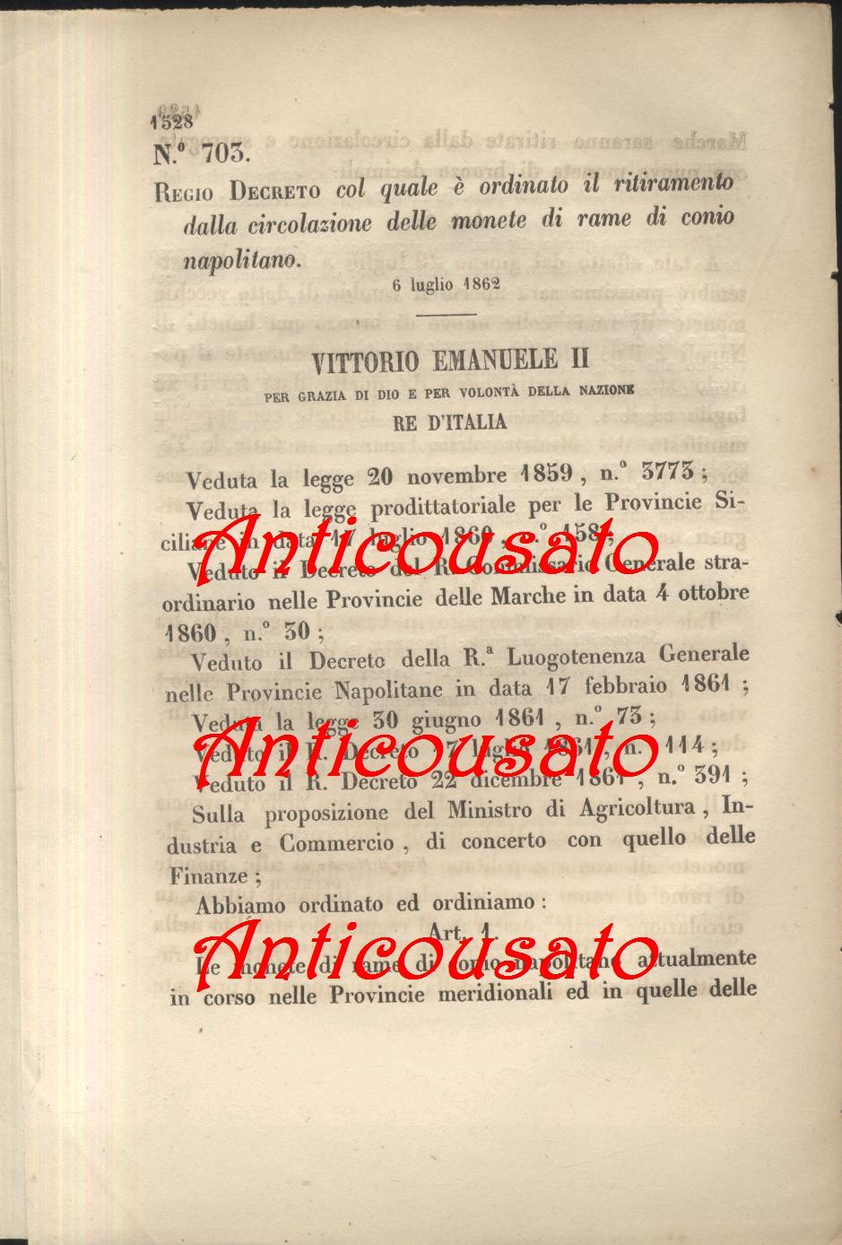 REGIO DECRETO RITIRO CIRCOLAZIONE MONETE RAME DI CONIO NAPOLITANO 1862 …