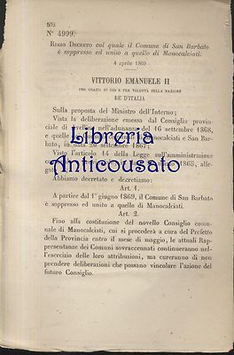 REGIO DECRETO SAN BARBATO SOPPRESSO 1869 UNITO MANOCALCIATI Avellino Antico