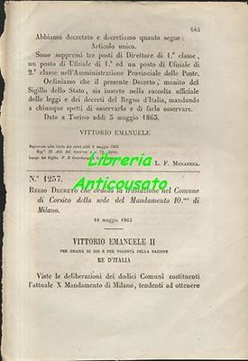REGIO DECRETO TRASLAZIONE IN CORSICO decimo Mandamento Milano 1863 Antico