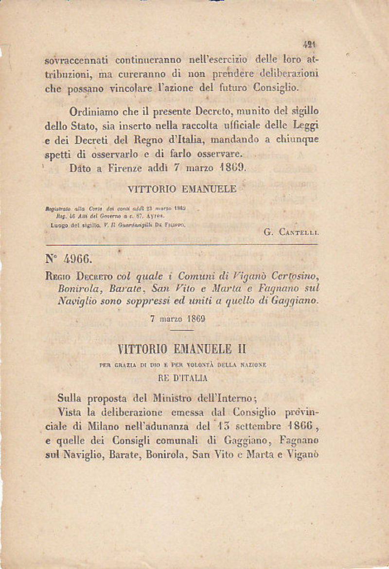 REGIO DECRETO VIGANO' CERTOSINO BINAROLA BARATE FAGNANO GAGGIANO - 1869 …