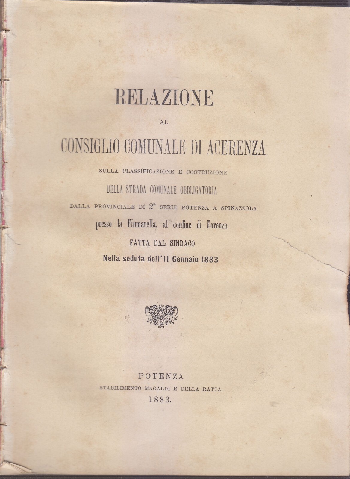 RELAZIONE al consiglio di Acerenza strada comunale Potenza Spinazzola 1883 …