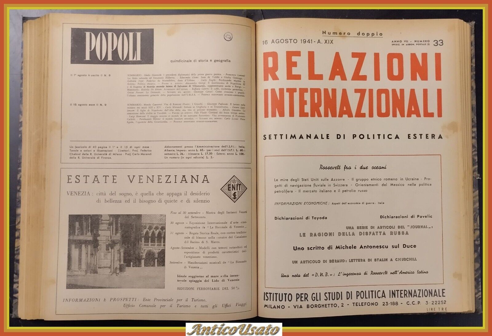 RELAZIONI INTERNAZIONALI Settimanale di Politica estera 1941 15 numeri rilegati