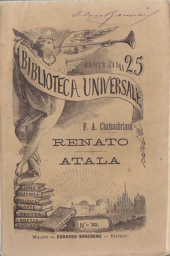 RENATO ATALA di Chateaubriand 1883 Sonzogno Biblioteca Universale libro Antico