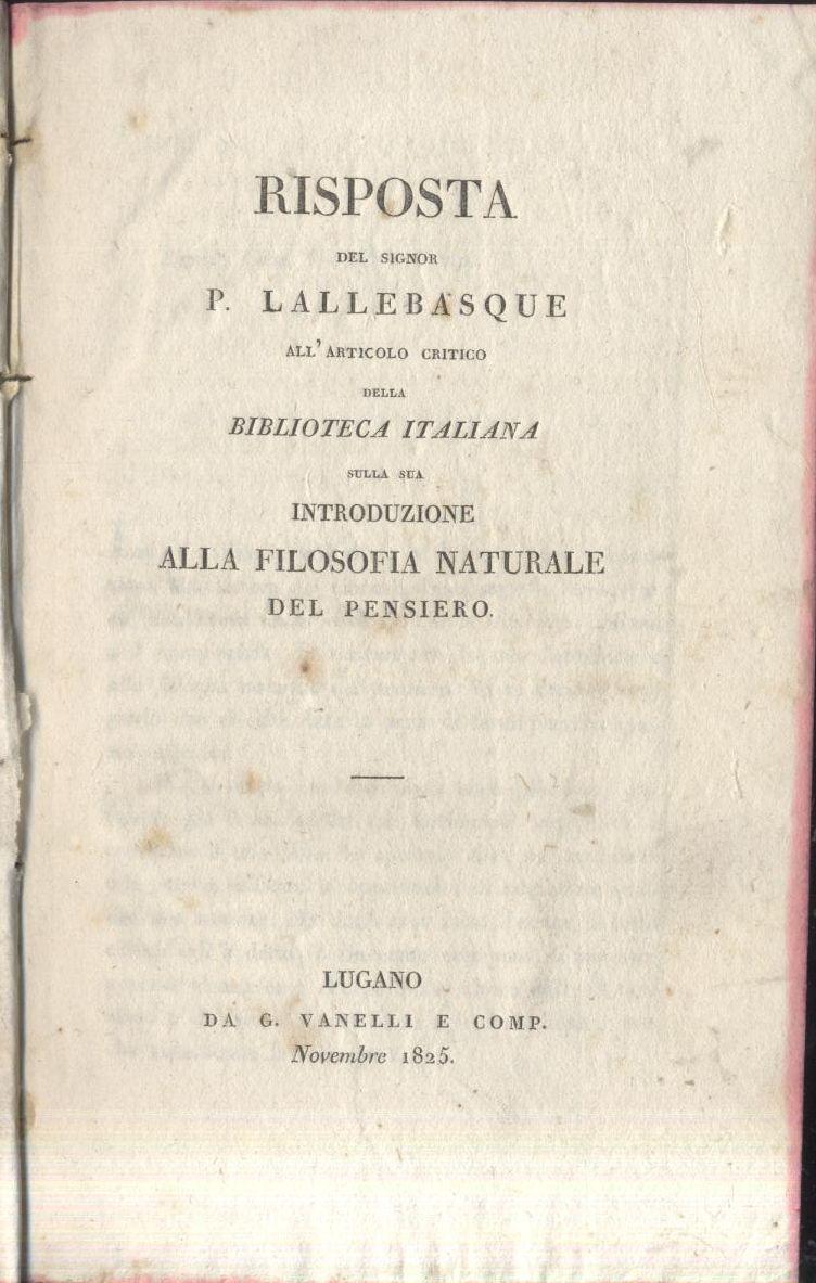 RISPOSTA DEL SIGNOR LALLEBASQUE ALL'ARTICOLO BIBLIOTECA ITALIANA 1825 FILOSOFIA
