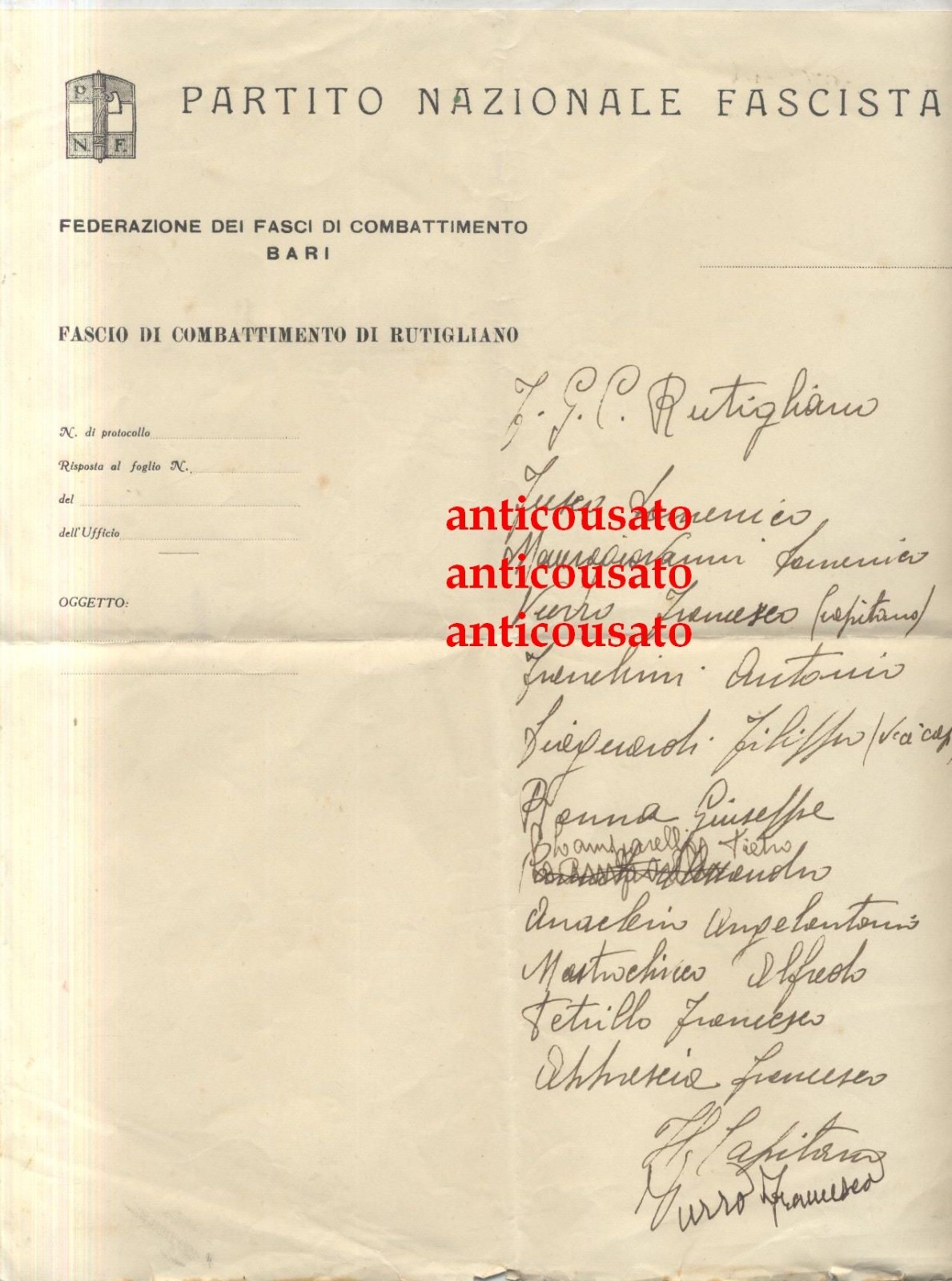 RUTIGLIANO calcio lettera intestata 1933? Autografo Vurro Francesco partita Bari