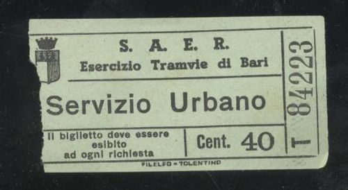 SAER Esercizio Tramvie di Bari Biglietto Tram Servizio Urbano cent …