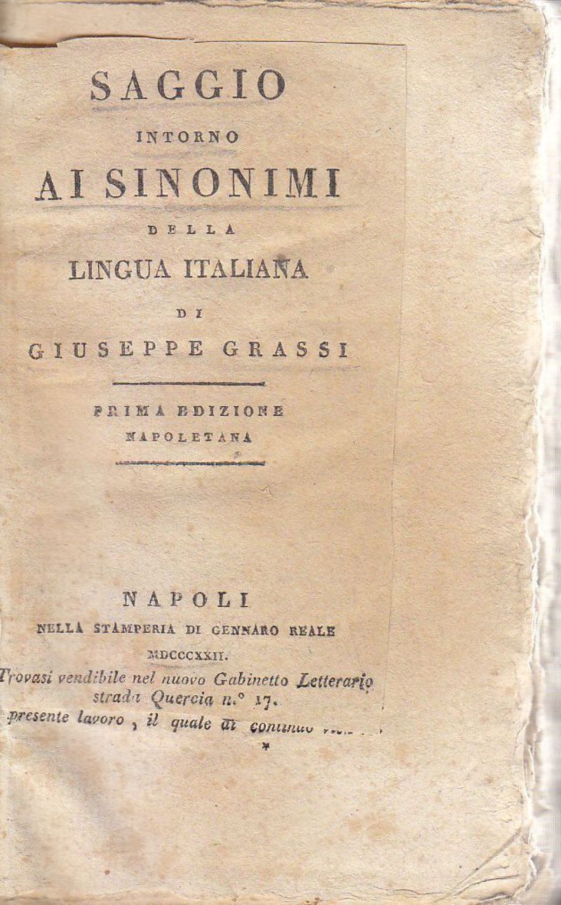 SAGGIO INTORNO AI SINONIMI DELLA LINGUA ITALIANA di Grassi 1824 …