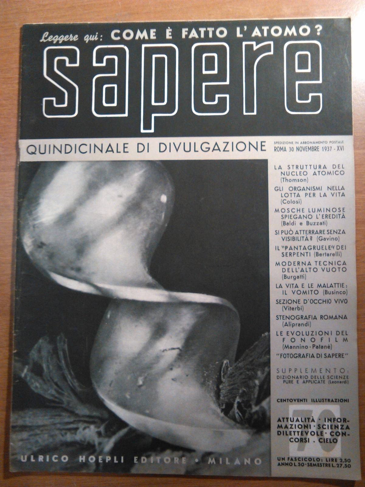 SAPERE 30 NOVEMBRE 1937 rivista Hoepli quindicinale di divulgazione scientifica