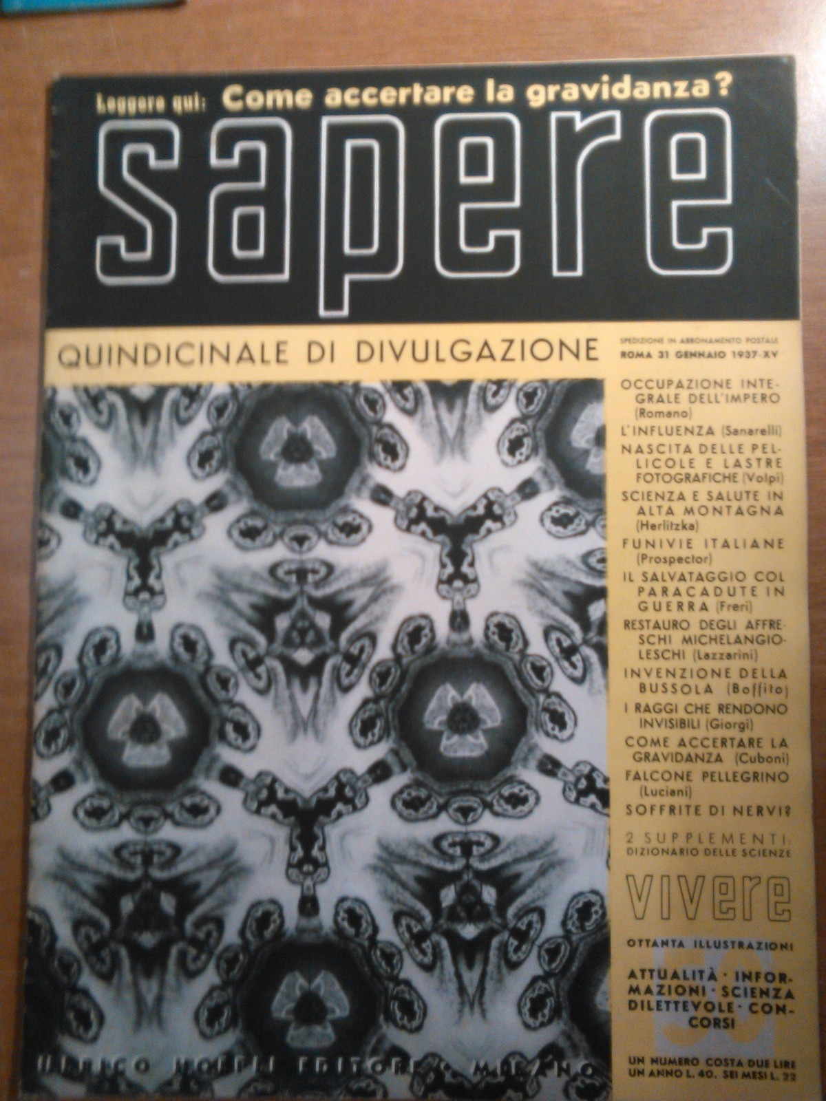 SAPERE 31 gennaio 1937 rivista Hoepli quindicinale di divulgazione scientifica