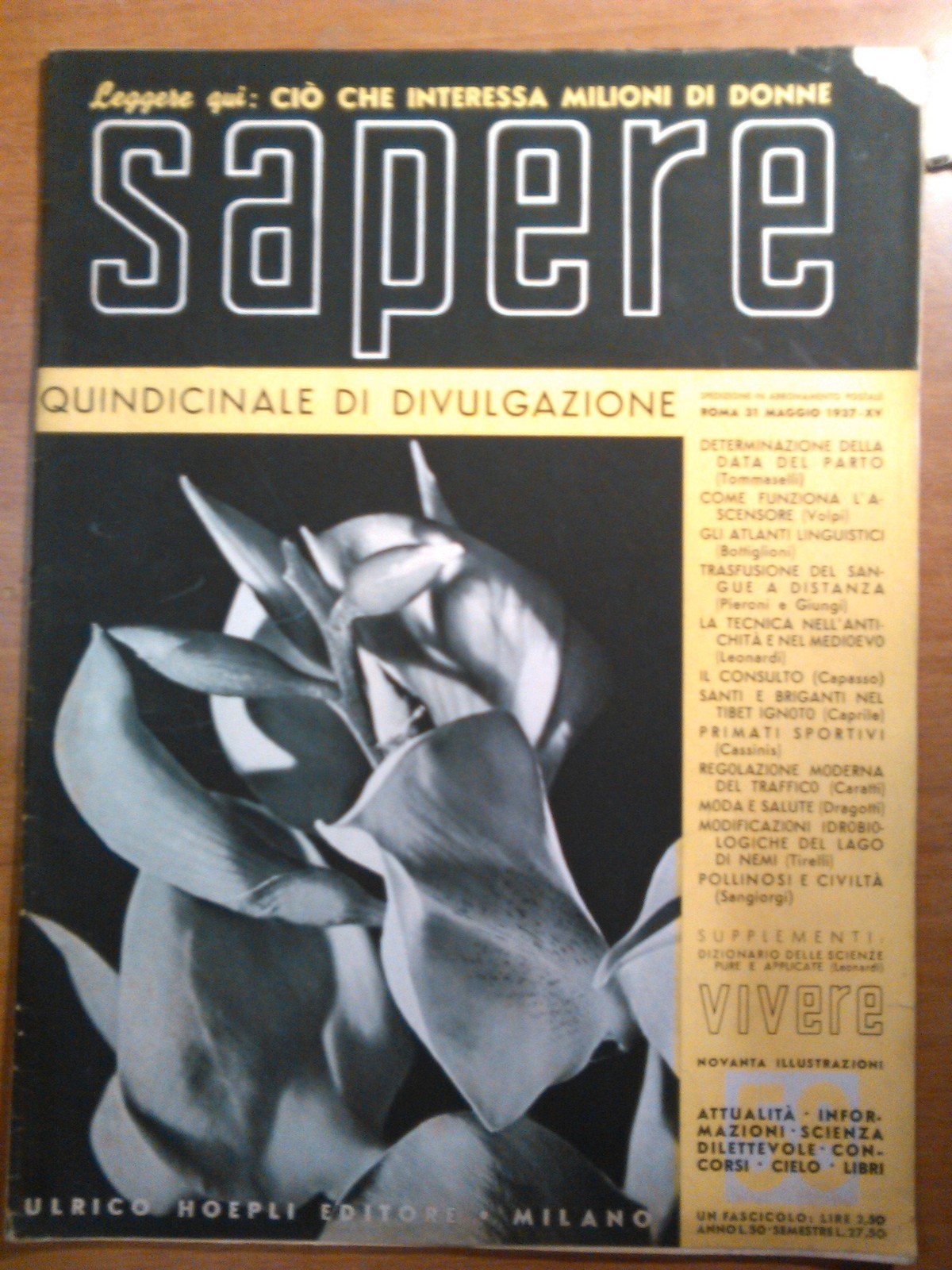 SAPERE 31 maggio 1937 Hoepli quindicinale di divulgazione rivista vintage