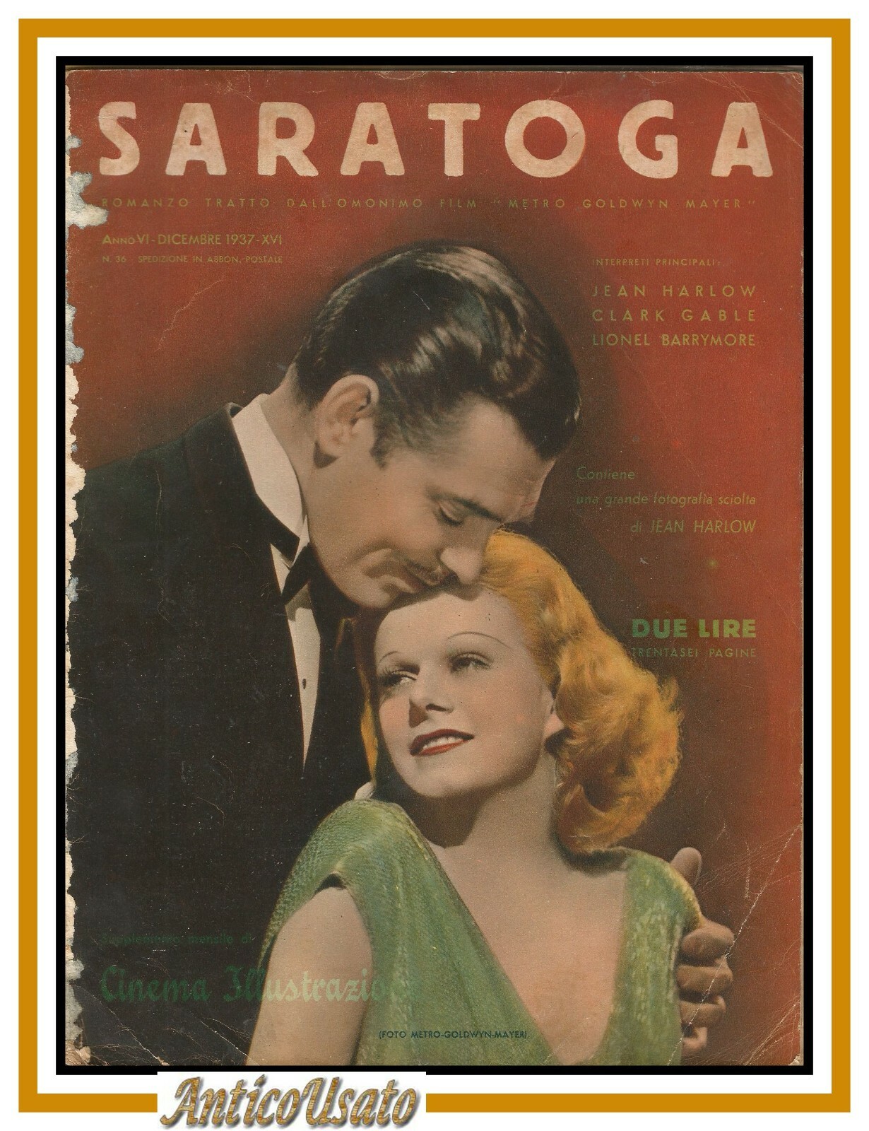 SARATOGA film supplemento CINEMA ILLUSTRAZIONE 1937 giornale Clark Gable Harlow