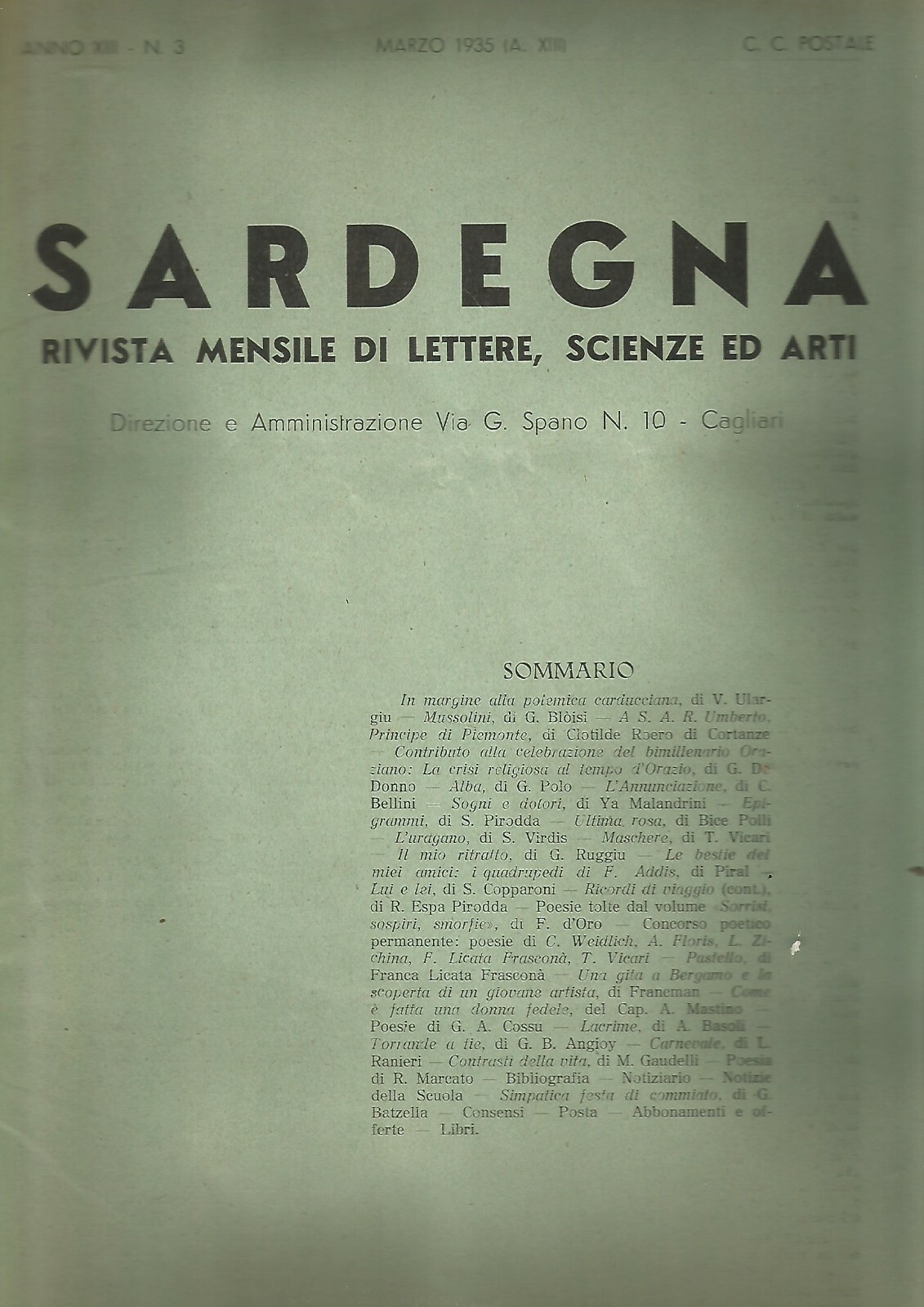 SARDEGNA mensile di lettere scienze marzo 1935 RARO RIVISTA giornale …