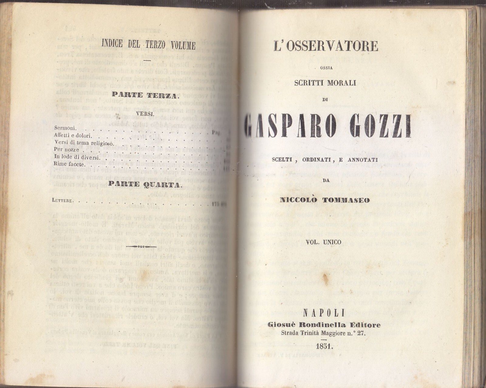 SCRITTI DI GASPARO GOZZI e L'OSSERVATORE 2 volumi in 1 …