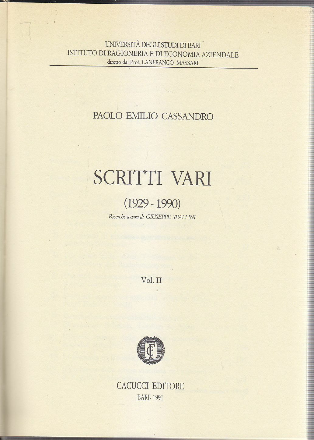 SCRITTI VARI 1929 1990 volume II di Paolo Emilio Cassandro …