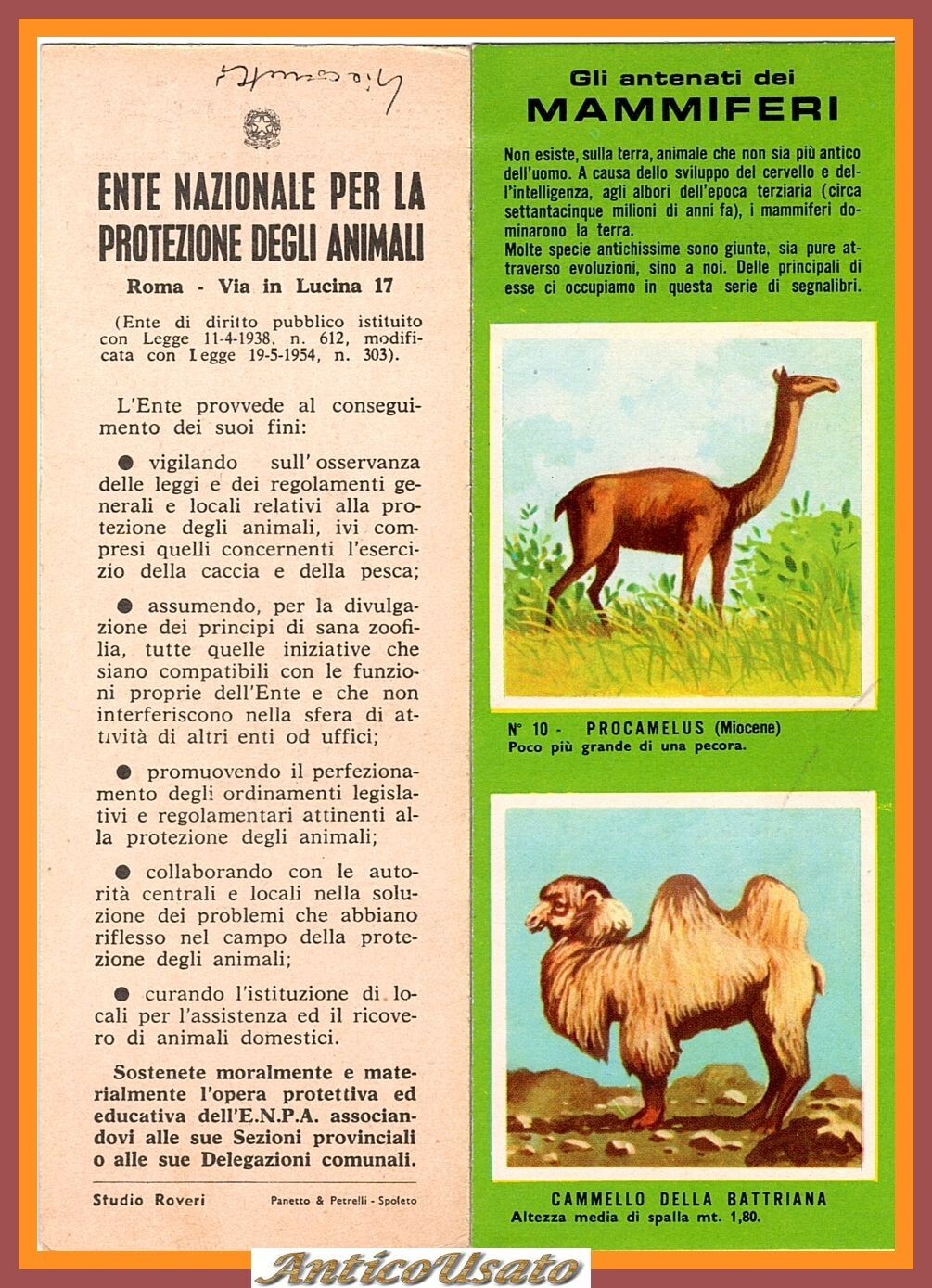 SEGNALIBRO GLI ANTENATI DEI MAMMIFERI ente nazionale protezione animali vintage