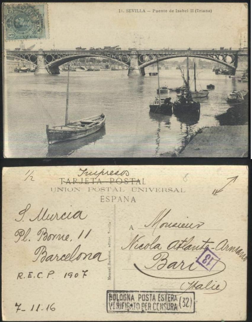 SEVILLA puente de Isabel II (Triana) 1916 postcard tarjeta postal …