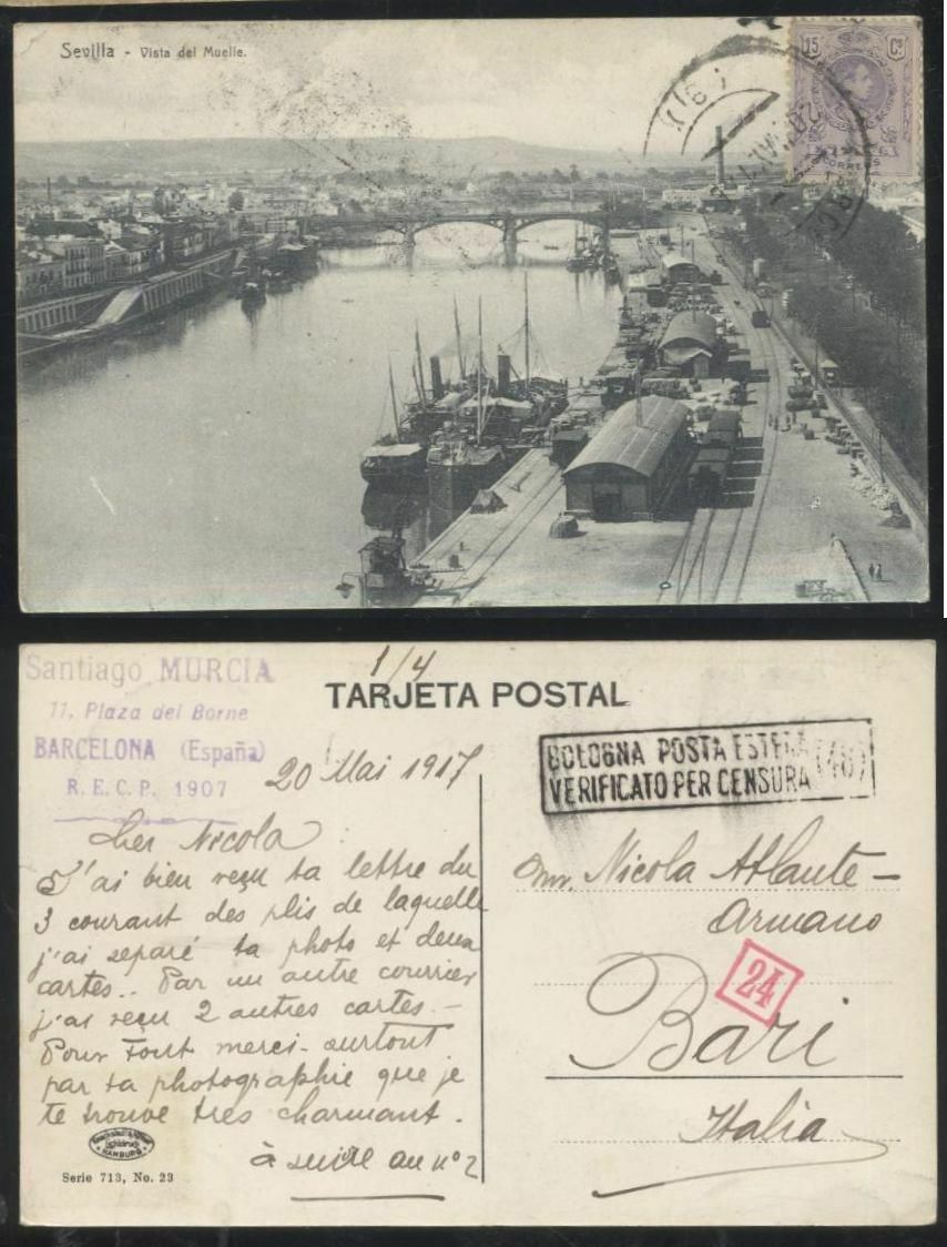 SEVILLA vista del muelle cartolina viaggiata 1917 postcard tarjeta Viintage