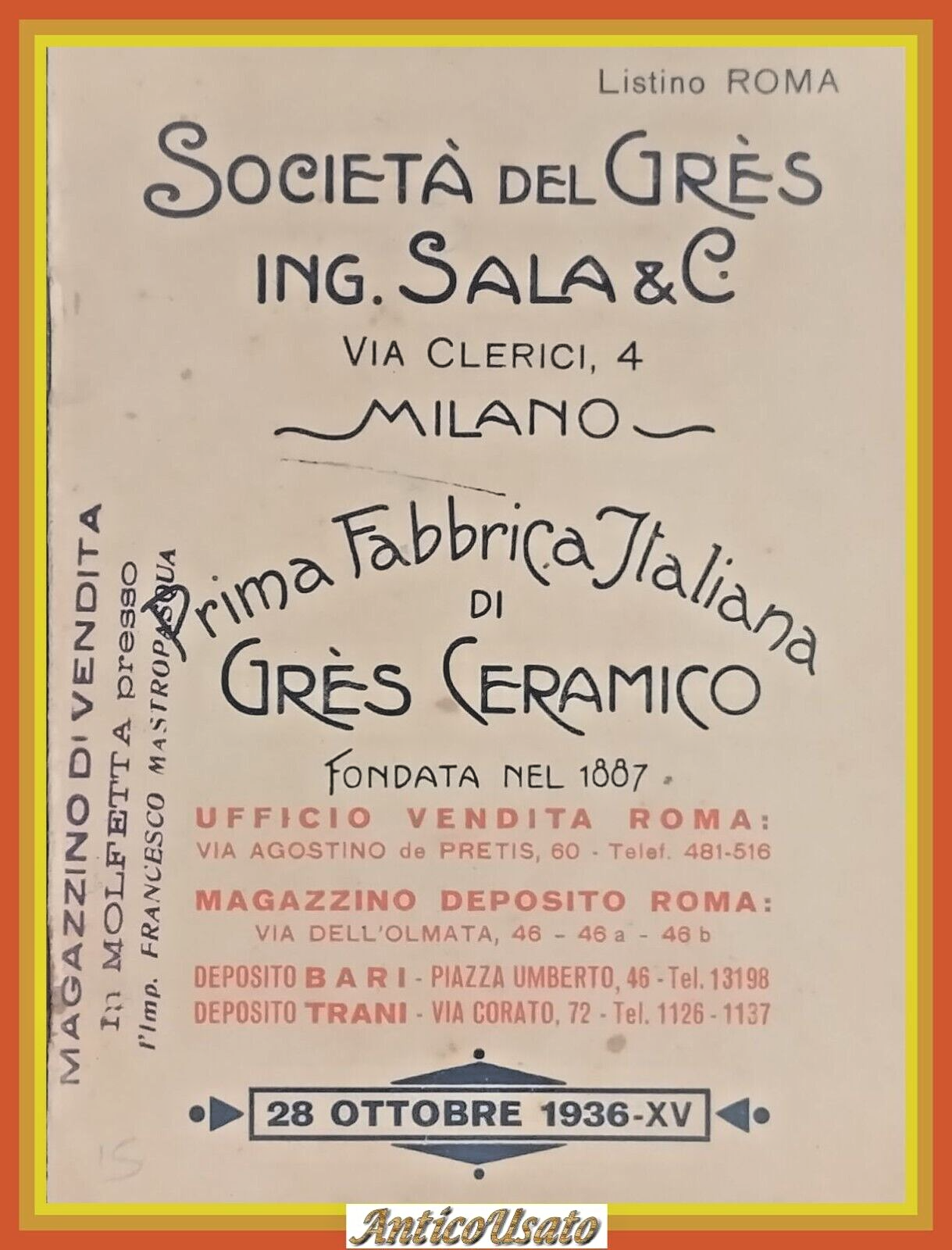 SOCIETÀ DEL GRES INGEGNER SALA Listino ottobre 1936 ceramico Libro …