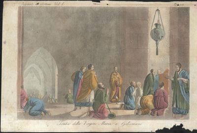 STAMPA ACQUERELLATA TOMBA DELLA VERGINE MARIA A GETSEMANI antica 1833 …